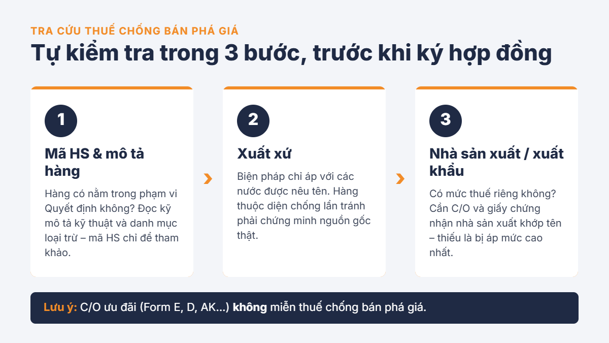Ba bước tra cứu thuế chống bán phá giá: mã HS và mô tả, xuất xứ, nhà sản xuất